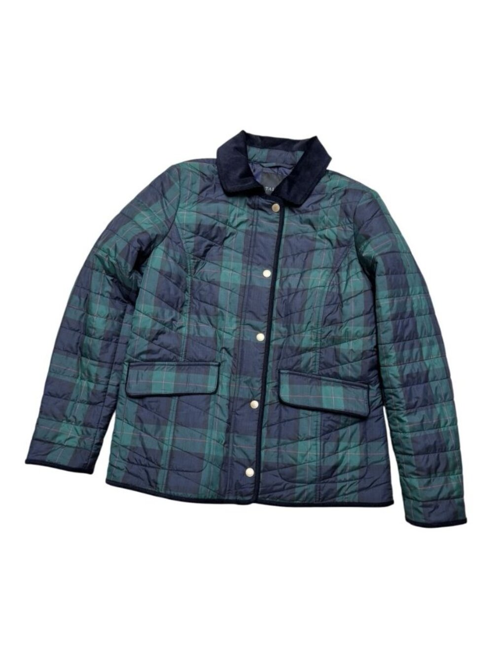 Talbots Quilted Plaid Jacket Black Green Snap Front Lightweight Women’s S